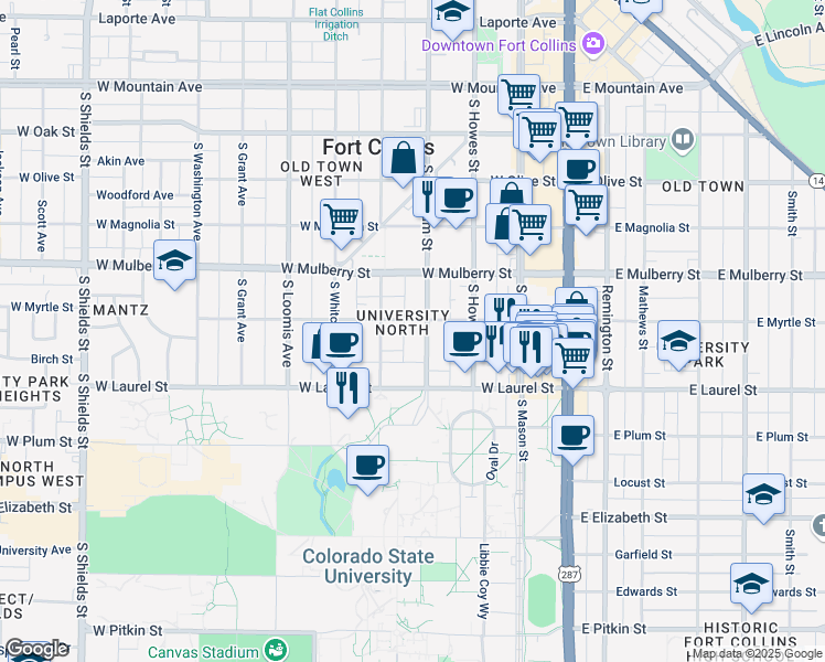 map of restaurants, bars, coffee shops, grocery stores, and more near in Fort Collins