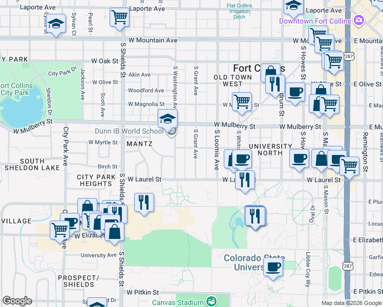 map of restaurants, bars, coffee shops, grocery stores, and more near 615 South Grant Avenue in Fort Collins