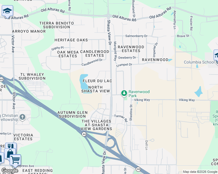 map of restaurants, bars, coffee shops, grocery stores, and more near Shasta View Dr in Redding