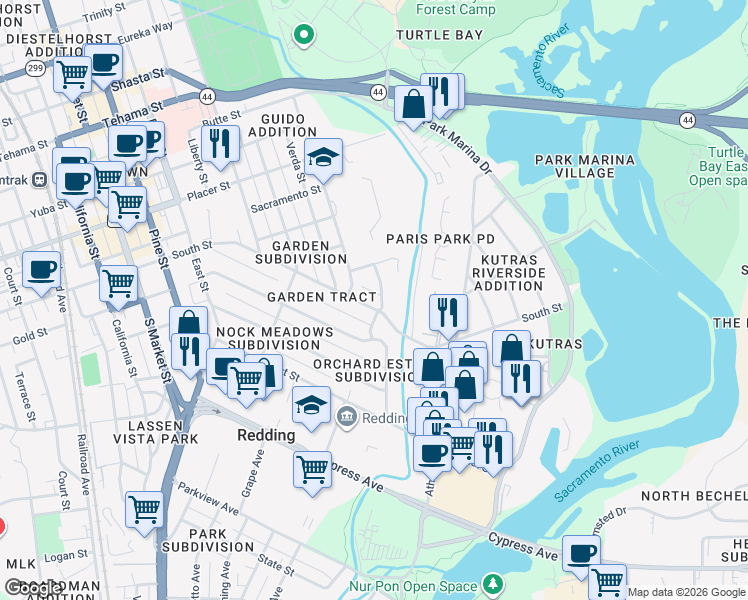 map of restaurants, bars, coffee shops, grocery stores, and more near 721 South Street in Redding