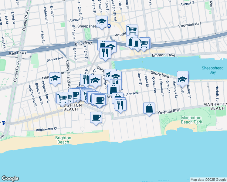map of restaurants, bars, coffee shops, grocery stores, and more near 107 Hampton Avenue in Brooklyn