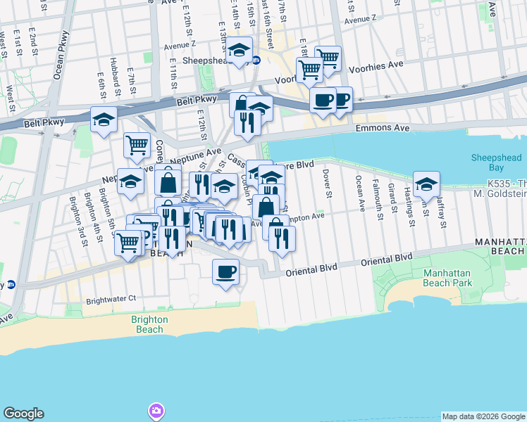 map of restaurants, bars, coffee shops, grocery stores, and more near Corbin Place in Brooklyn