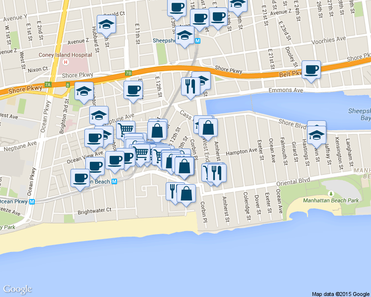 map of restaurants, bars, coffee shops, grocery stores, and more near Corbin Place in Brooklyn