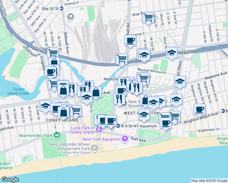map of restaurants, bars, coffee shops, grocery stores, and more near 2816 West 8th Street in Brooklyn
