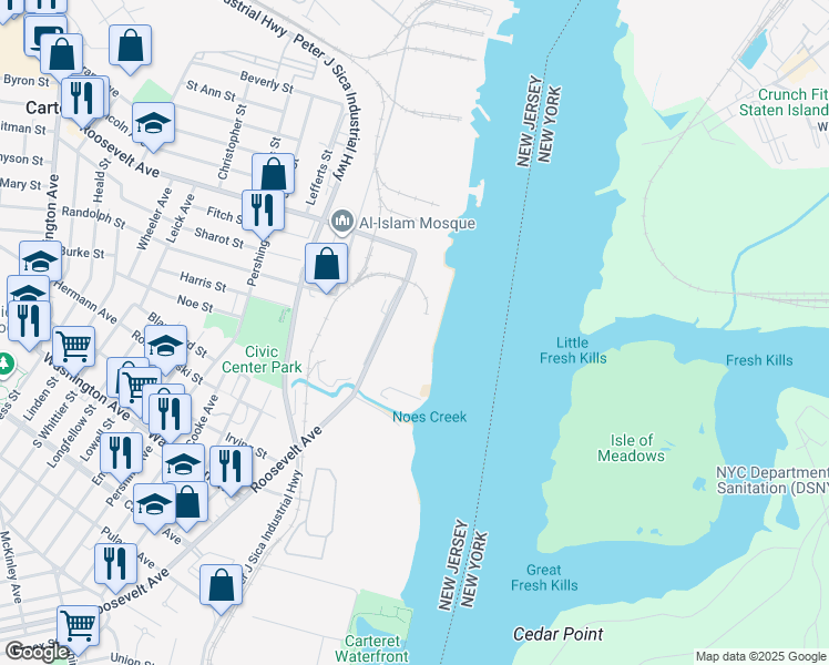 map of restaurants, bars, coffee shops, grocery stores, and more near 350-442 Roosevelt Avenue in Carteret