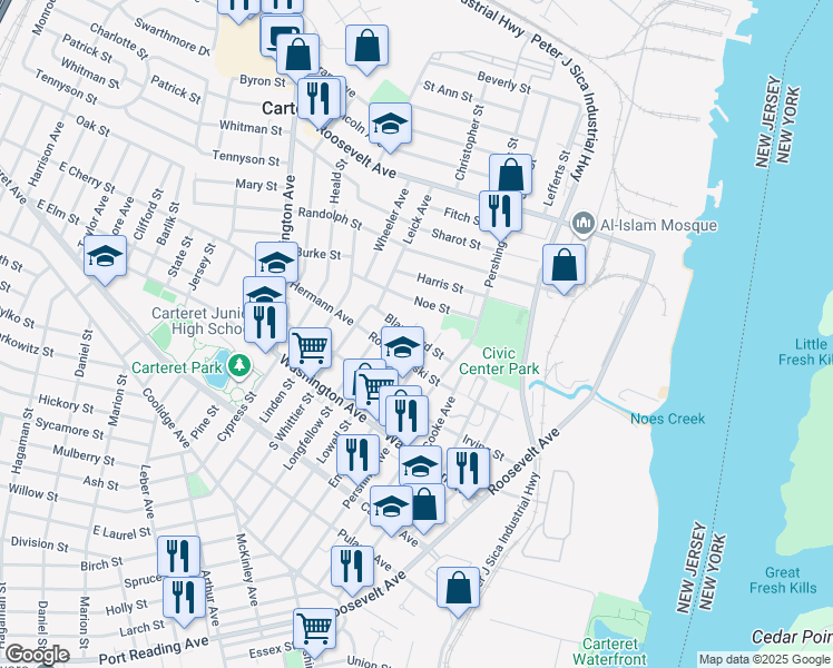 map of restaurants, bars, coffee shops, grocery stores, and more near 146 Lowell Street in Carteret