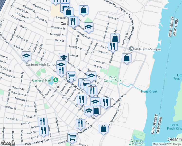 map of restaurants, bars, coffee shops, grocery stores, and more near 146 Lowell Street in Carteret