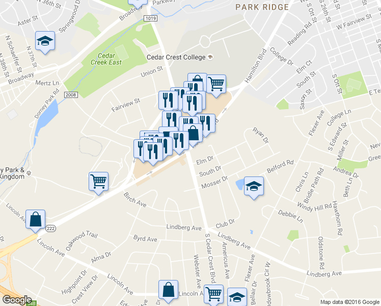 map of restaurants, bars, coffee shops, grocery stores, and more near 3214 Hamilton Boulevard in Allentown
