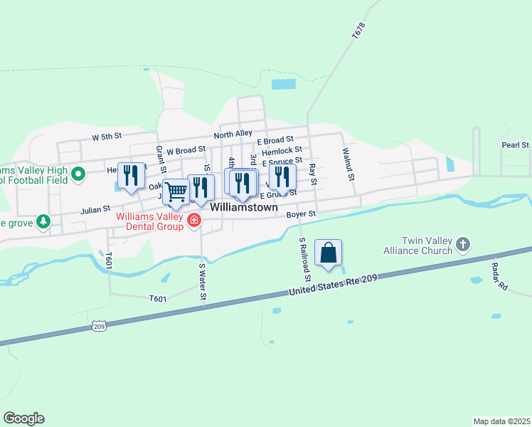 map of restaurants, bars, coffee shops, grocery stores, and more near 105 East Market Street in Williamstown