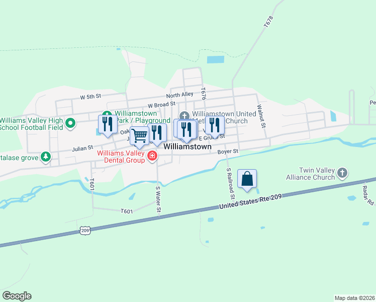 map of restaurants, bars, coffee shops, grocery stores, and more near in Williamstown