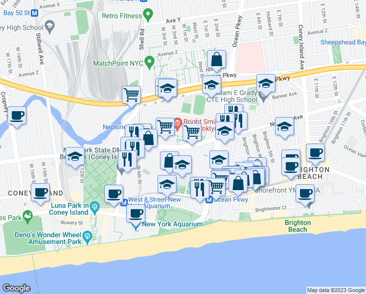 map of restaurants, bars, coffee shops, grocery stores, and more near 460 Neptune Avenue in Brooklyn