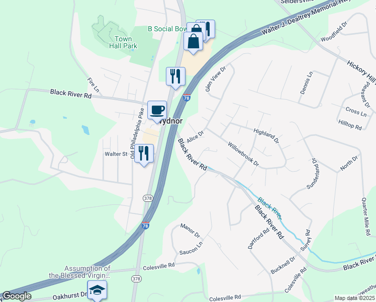 map of restaurants, bars, coffee shops, grocery stores, and more near 2445 Black River Road in Bethlehem