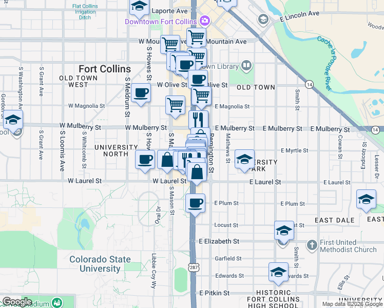 map of restaurants, bars, coffee shops, grocery stores, and more near 612 South College Avenue in Fort Collins