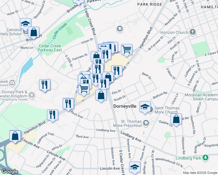 map of restaurants, bars, coffee shops, grocery stores, and more near 3214 Hamilton Boulevard in Allentown