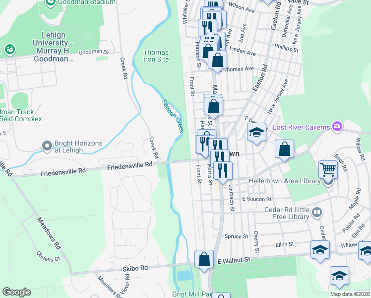 map of restaurants, bars, coffee shops, grocery stores, and more near 90 West Water Street in Hellertown