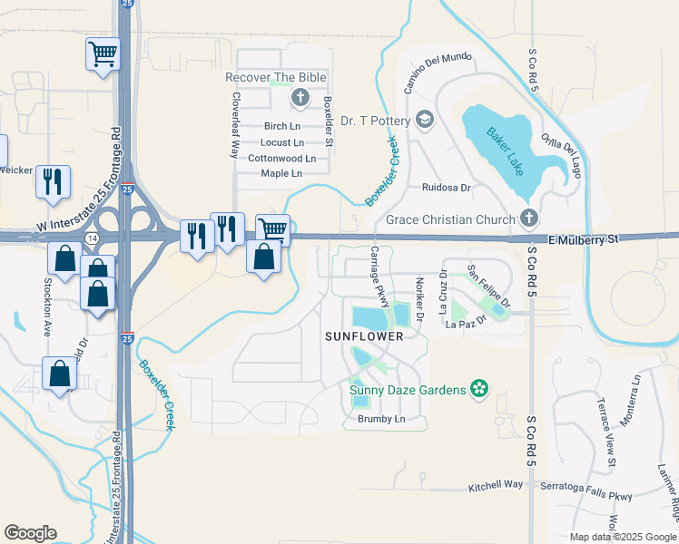 map of restaurants, bars, coffee shops, grocery stores, and more near 685 Fetlock Drive in Fort Collins