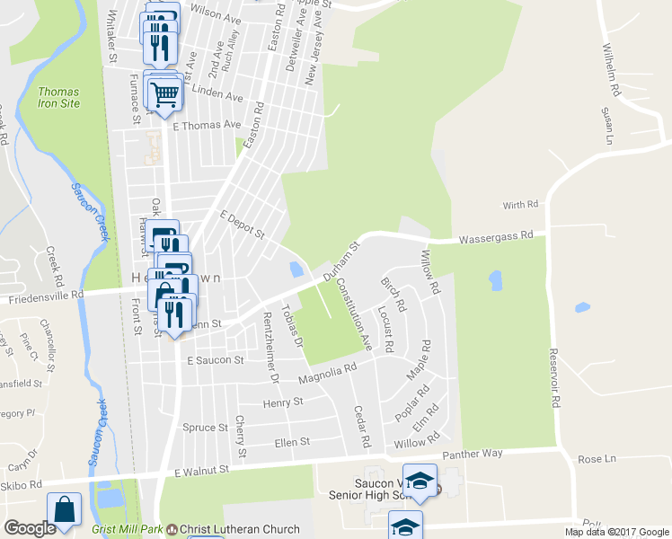 map of restaurants, bars, coffee shops, grocery stores, and more near 650 Durham Street in Hellertown