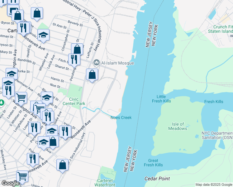 map of restaurants, bars, coffee shops, grocery stores, and more near 400 Roosevelt Avenue in Carteret