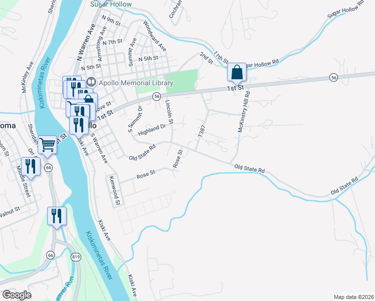 map of restaurants, bars, coffee shops, grocery stores, and more near 796 Old State Road in Apollo