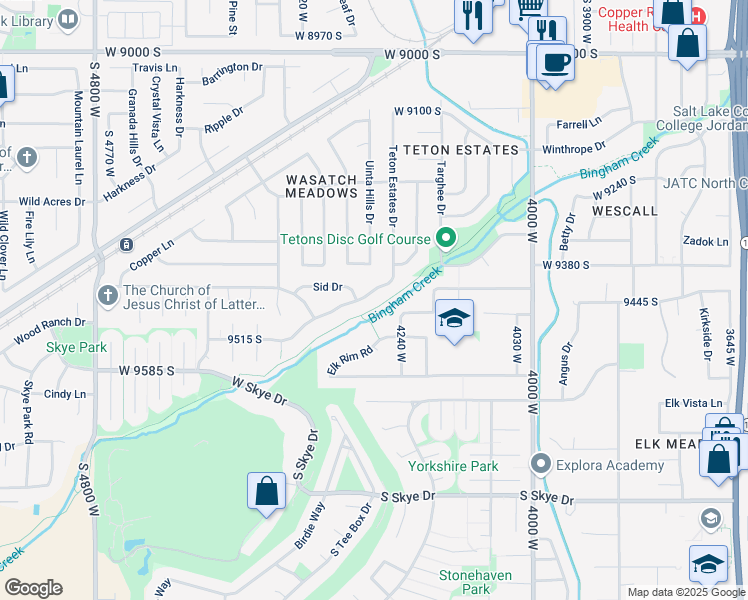 map of restaurants, bars, coffee shops, grocery stores, and more near 4371 Lennox Drive in South Jordan