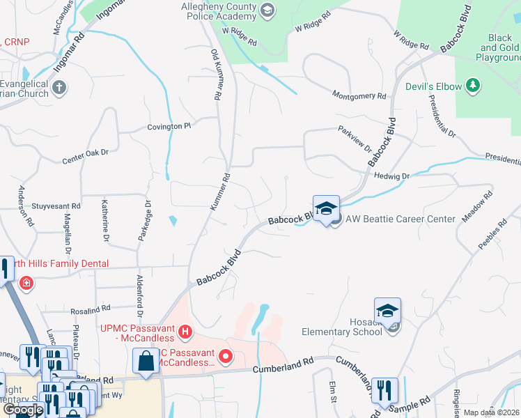map of restaurants, bars, coffee shops, grocery stores, and more near in McCandless