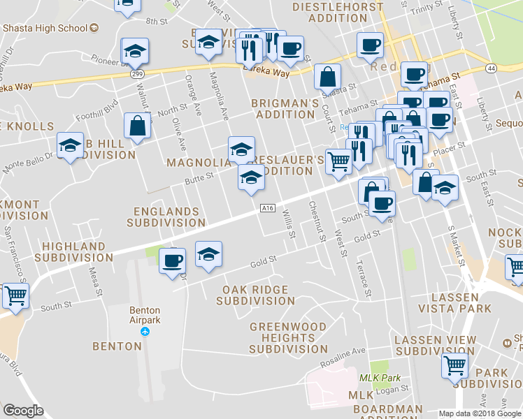 map of restaurants, bars, coffee shops, grocery stores, and more near 2170 Placer Street in Redding