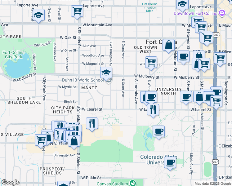 map of restaurants, bars, coffee shops, grocery stores, and more near 613 South Washington Avenue in Fort Collins