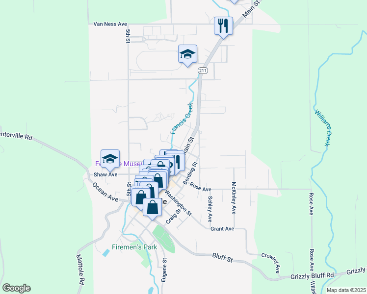 map of restaurants, bars, coffee shops, grocery stores, and more near 807 Main Street in Fortuna