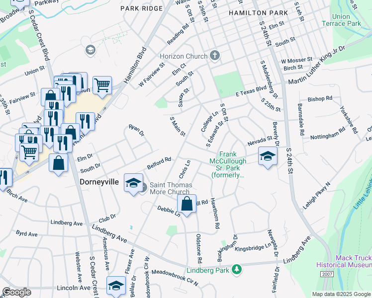 map of restaurants, bars, coffee shops, grocery stores, and more near 2853 Andrea Drive in Allentown