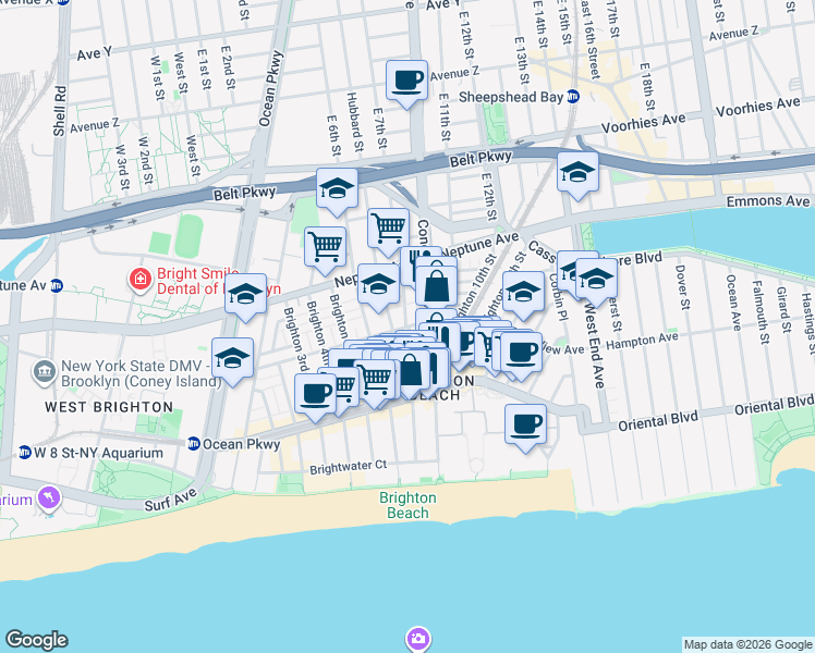 map of restaurants, bars, coffee shops, grocery stores, and more near Ocean View Ave & Brighton 8th St in Brooklyn