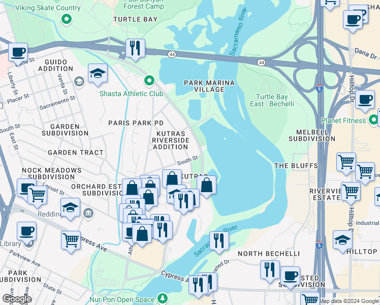map of restaurants, bars, coffee shops, grocery stores, and more near 2287 Washington Avenue in Redding