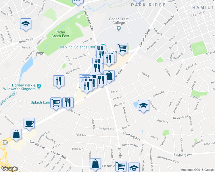 map of restaurants, bars, coffee shops, grocery stores, and more near 3144 Hamilton Boulevard in Allentown
