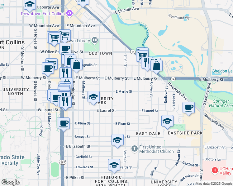map of restaurants, bars, coffee shops, grocery stores, and more near 613 Smith Street in Fort Collins