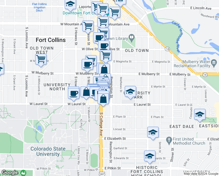 map of restaurants, bars, coffee shops, grocery stores, and more near 612 South College Avenue in Fort Collins