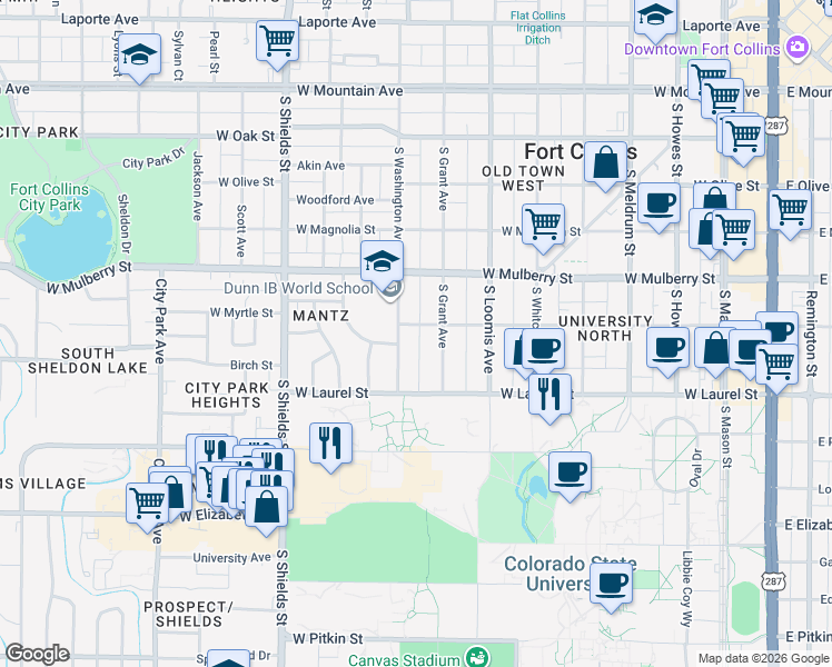 map of restaurants, bars, coffee shops, grocery stores, and more near 613 South Washington Avenue in Fort Collins