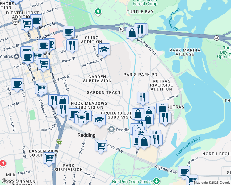 map of restaurants, bars, coffee shops, grocery stores, and more near 721 South Street in Redding