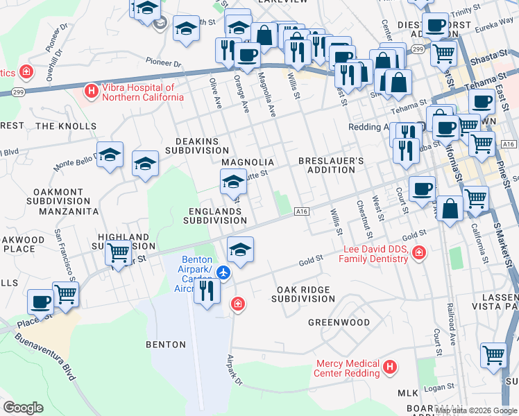 map of restaurants, bars, coffee shops, grocery stores, and more near 2356 Placer Street in Redding