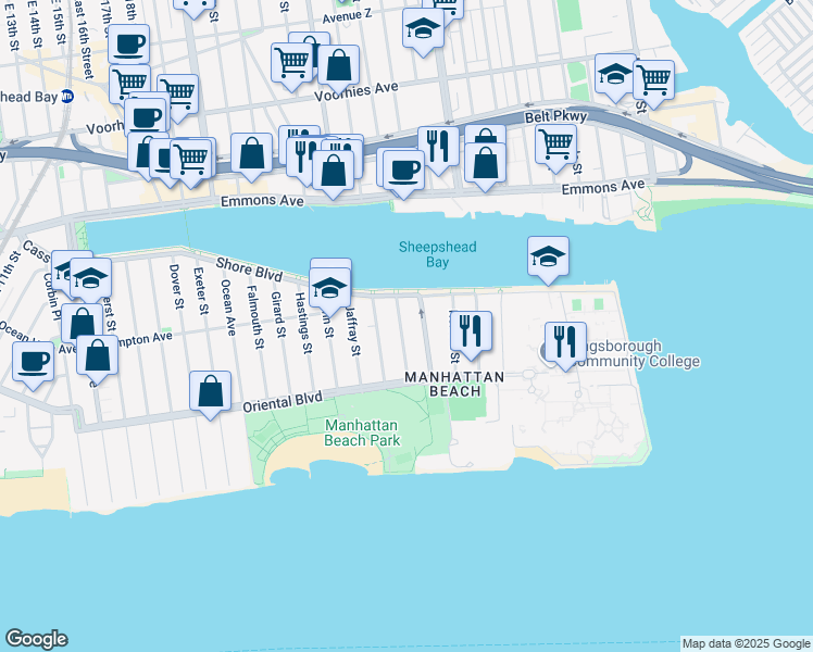 map of restaurants, bars, coffee shops, grocery stores, and more near 154 Langham Street in Brooklyn