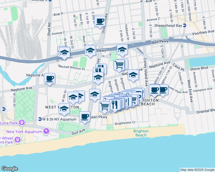 map of restaurants, bars, coffee shops, grocery stores, and more near 2959 Brighton 3rd Street in Brooklyn