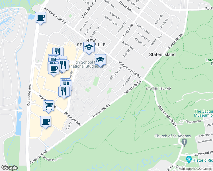 map of restaurants, bars, coffee shops, grocery stores, and more near 145 Wellington Court in Staten Island