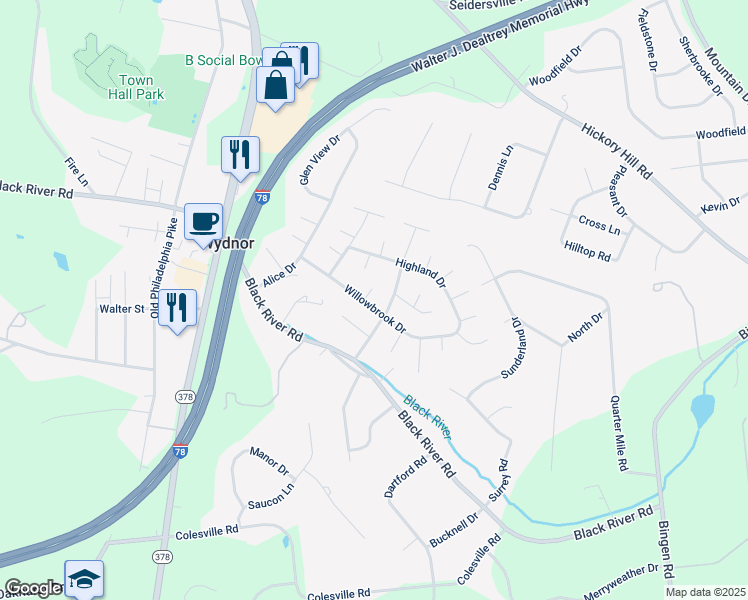 map of restaurants, bars, coffee shops, grocery stores, and more near 1497 Willowbrook Drive in Bethlehem
