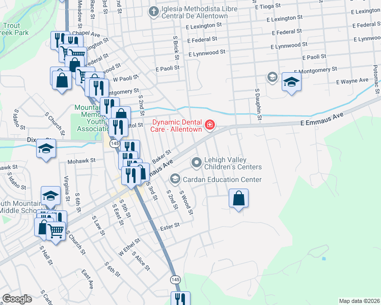 map of restaurants, bars, coffee shops, grocery stores, and more near in Allentown