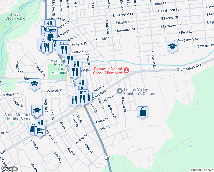 map of restaurants, bars, coffee shops, grocery stores, and more near 123 West Emaus Avenue in Allentown