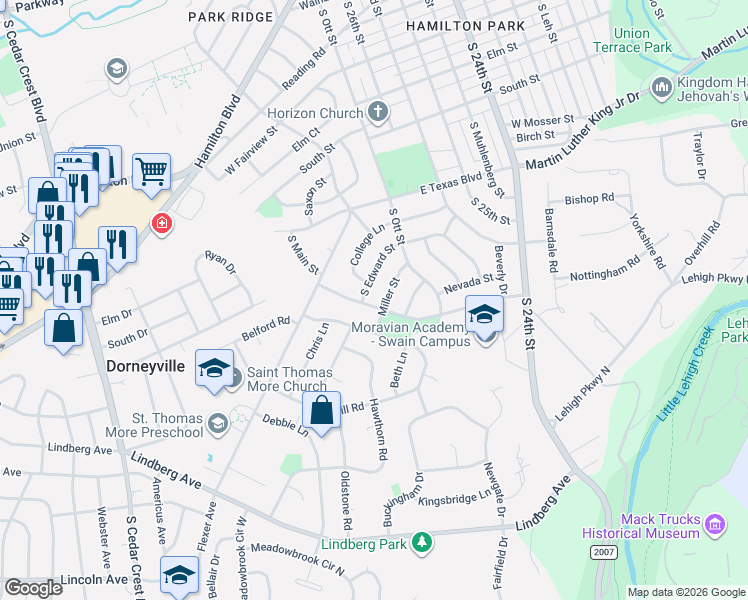 map of restaurants, bars, coffee shops, grocery stores, and more near 927 Miller Street in Allentown