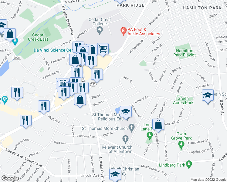 map of restaurants, bars, coffee shops, grocery stores, and more near 3051 South Drive in Allentown