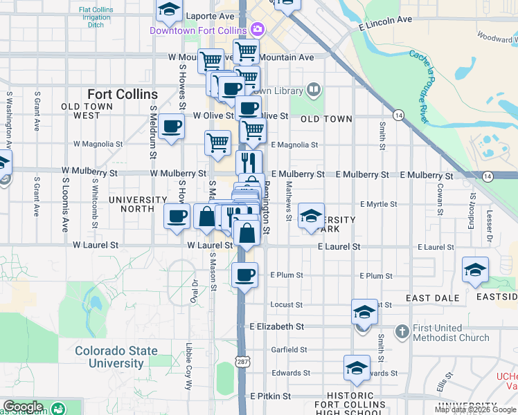 map of restaurants, bars, coffee shops, grocery stores, and more near 125 East Myrtle Street in Fort Collins