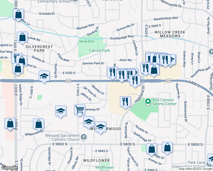 map of restaurants, bars, coffee shops, grocery stores, and more near 9425 Tramway Drive in Sandy