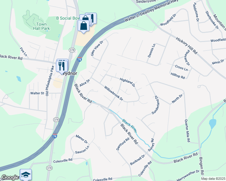 map of restaurants, bars, coffee shops, grocery stores, and more near 1497 Willowbrook Drive in Bethlehem