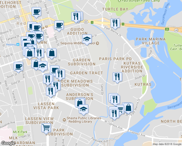 map of restaurants, bars, coffee shops, grocery stores, and more near 2370 Wyndham Lane in Redding