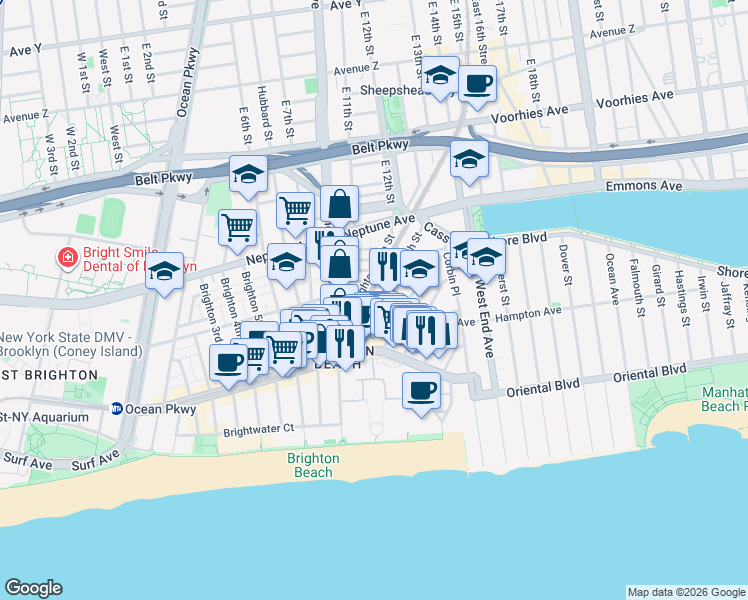 map of restaurants, bars, coffee shops, grocery stores, and more near 126 Brighton 11th Street in Brooklyn